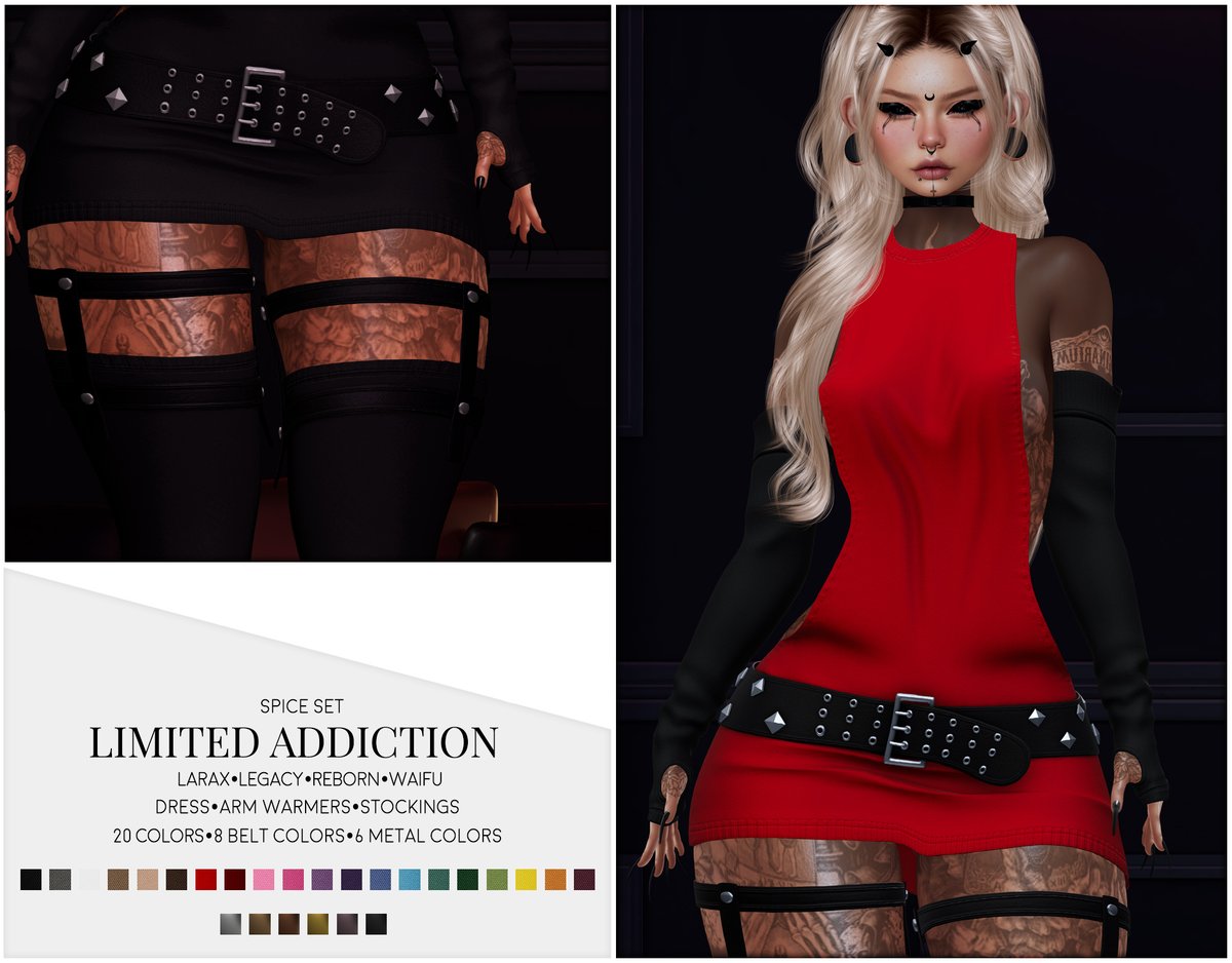 Sexy new Spice Set out now @ Uber ♥
Dress, Arm Warmers and Stockings in 20 Colors fitted for LaraX, Legacy, Reborn, and Waifu bodies. See you at the event! #Secondlife 
maps.secondlife.com/secondlife/Ube…

Demo is available in the mainstore
maps.secondlife.com/secondlife/Sim…