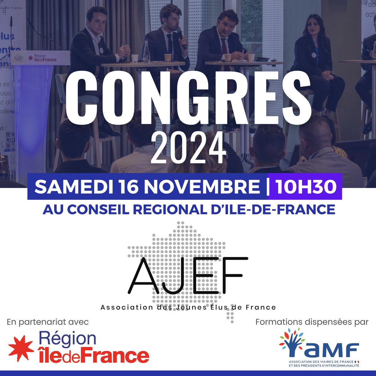Le Congrès de l’AJEF, deuxième édition, c’est dans trois semaines ! 
🤝 En partenariat avec la Région <a href="/iledefrance/">Région Île-de-France</a> et <a href="/l_amf/">AMF | Association des maires de France</a> 
👉 Pour s’inscrire : …es-jeunes-elus-de-france.s2.yapla.com/fr/event-67140