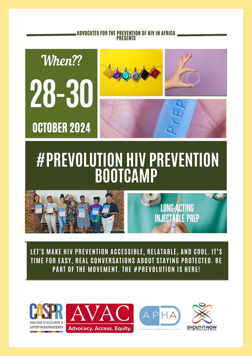 apha_sa's tweet image. Imagine a world where HIV prevention is not only accessible but also cool and relatable.

Welcome to the #PreVolution! Join us on social media starting Monday for empowering conversations around HIV prevention, options, and choices.

#PreVolutionBootCamp 
#APHA
#ShoutItNow