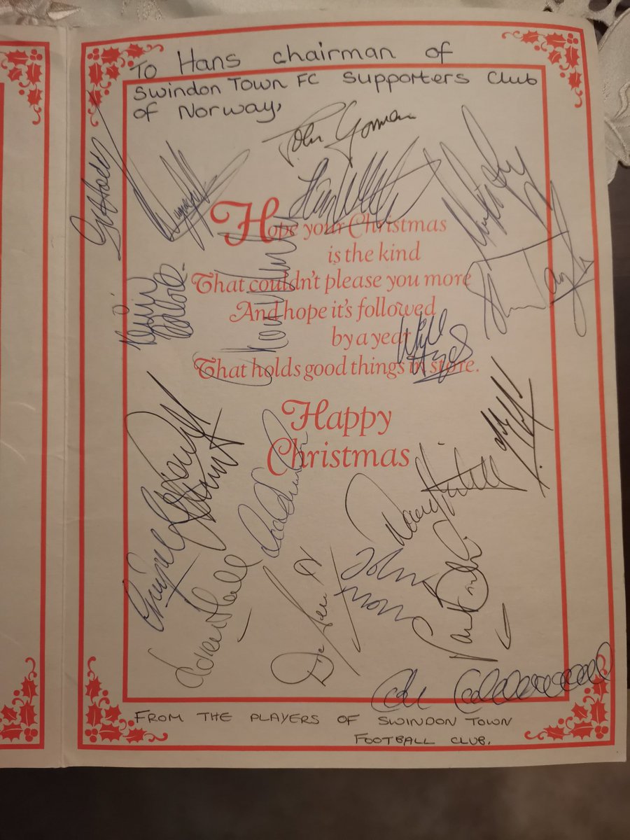Been in the attic at my mum's. A whole lot of old memorabilia. Programmes etc but also this great Christmas Card from <a href="/Official_STFC/">Swindon Town Football Club</a> and the players! Probably christmas'92! Can you recognize all signatures? <a href="/STFCSupClub/">STFC Official Supporters Club</a> <a href="/AdverSport/">Adver Sport Desk</a>