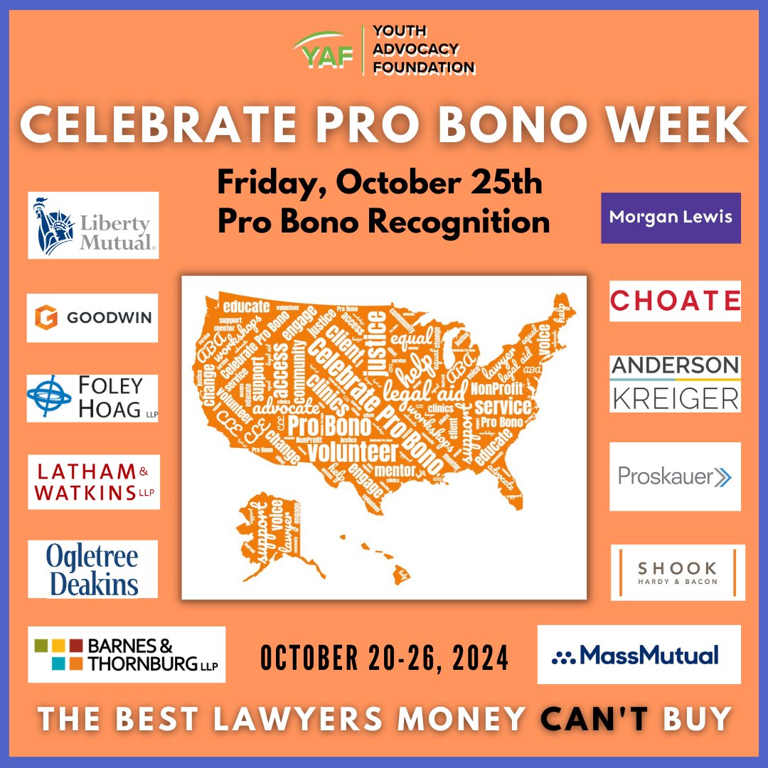 YAF is celebrating pro bono week 2024! Each day, we will be highlighting firms &amp; people volunteering their time to ensure MA children &amp; emerging adults are able to receive an equitable education. Please read today's thank you's and stories at: 
conta.cc/3Uk6snB