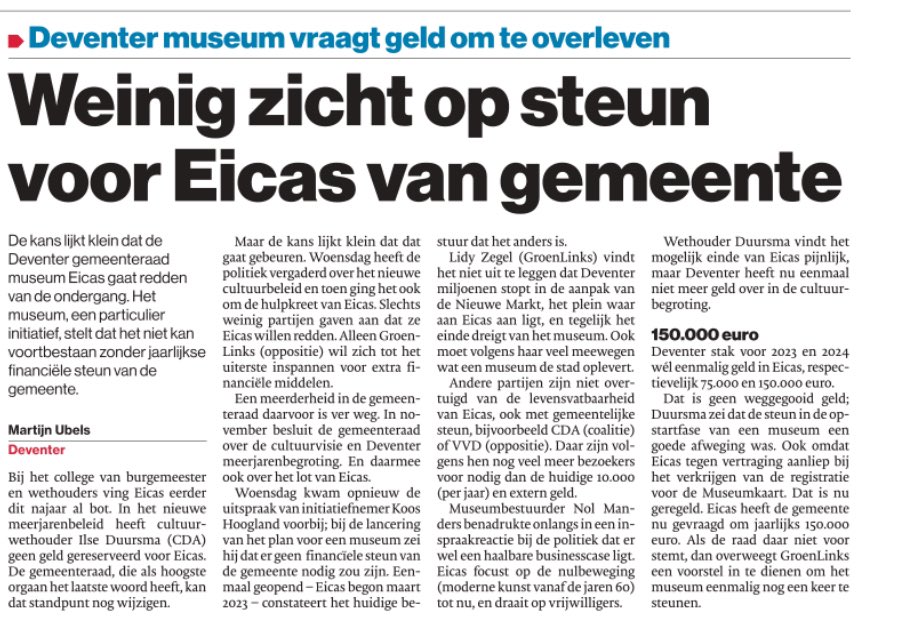 #deventer heeft een trekker als museum #eicas nodig. Zonde om
dit museum te laten vallen, daarom zal <a href="/GLDeventer/">GroenLinks Deventer</a> zich inzetten voor een oplossing
