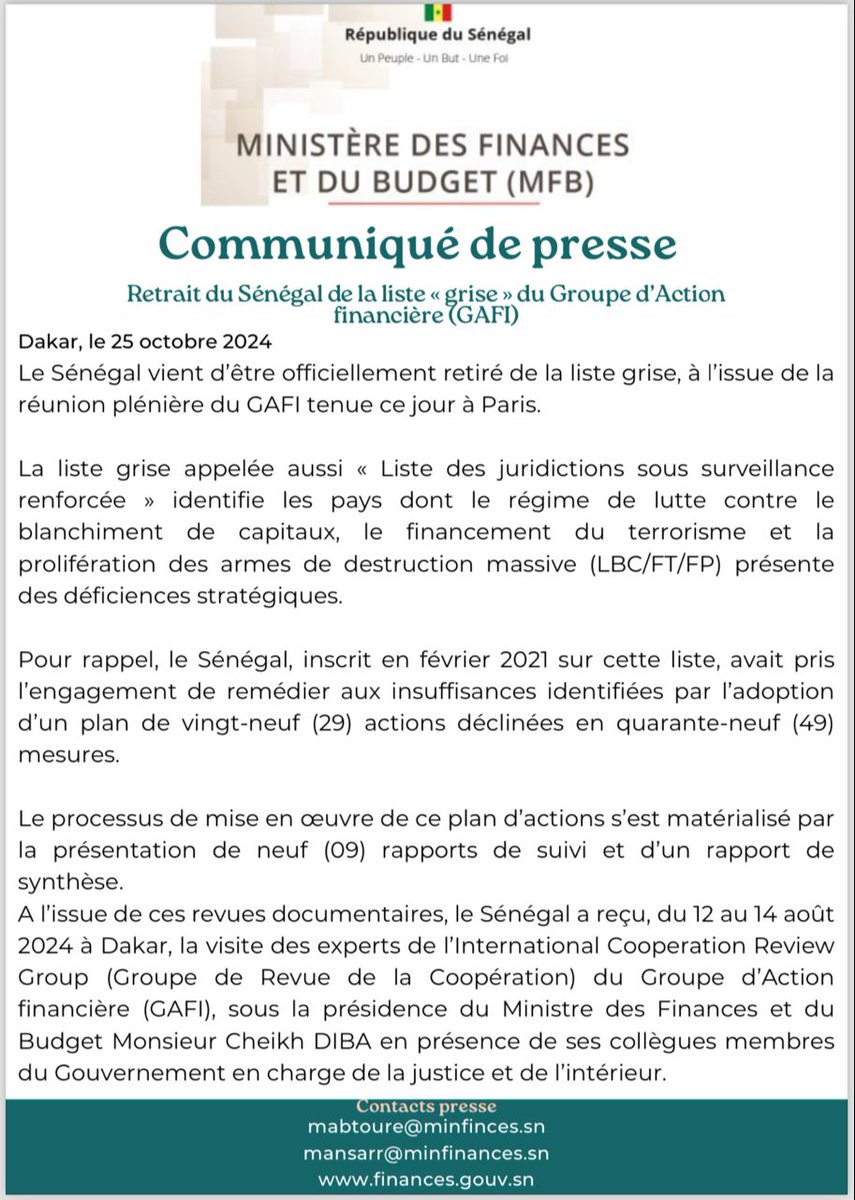 mefp_senegal's tweet photo. Communiqué de presse relatif au retrait du Sénégal de la liste « grise » du Groupe d’Action financière (GAFI).
#Sénégal #Finance #GAFI #Vision2050 #MFB #MinFinSn https://t.co/Tjgb7FjtEW