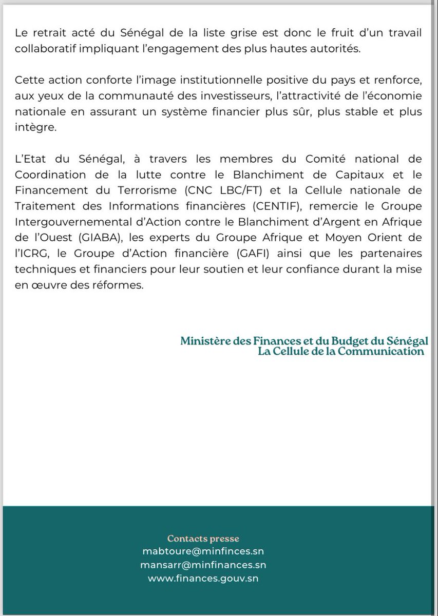 mefp_senegal's tweet photo. Communiqué de presse relatif au retrait du Sénégal de la liste « grise » du Groupe d’Action financière (GAFI).
#Sénégal #Finance #GAFI #Vision2050 #MFB #MinFinSn https://t.co/Tjgb7FjtEW