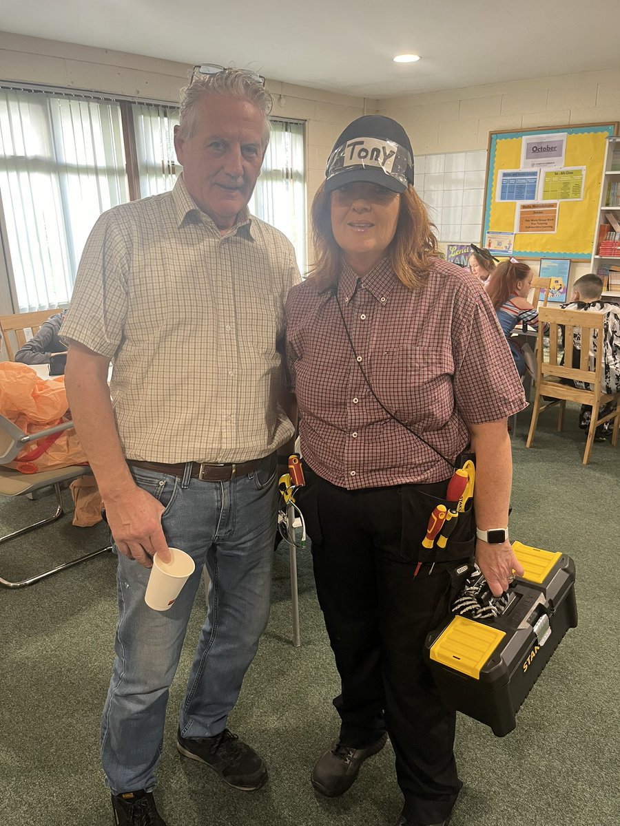 CMoyross's tweet photo. 👨🏼‍🔧🪛 Who wore it better? Our amazing caretaker Tony has some Halloween backup with the arrival of Tony 2.0! 🎃🔧 Armed with tools (and plenty of swagger), she is ready for any job that comes her way! From fixing lights to fixing laughs, this duo has CC in great hands!⚒️ https://t.co/GzA1kn4TzA