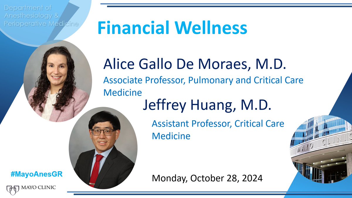 Mayo Clinic Department of Anesthesiology (@mayoanesthesia) on Twitter photo We are excited to host Drs. <a href="/GallodeMoraesMD/">Alice Gallo, MD</a> and <a href="/jeffreyhuangmd/">Jeffrey Huang, MD, CHSE</a> for our upcoming #MayoAnesGR. They will present "Financial Wellness"
@Mollymhherr <a href="/JuanGRipoll1/">Juan G. Ripoll, MD</a> <a href="/MayoAnesRes/">MayoAnesthesiaResMN</a> <a href="/BridgetPulos/">Bridget Pulos, MD, FASA</a> We are excited to host Drs. <a href="/GallodeMoraesMD/">Alice Gallo, MD</a> and <a href="/jeffreyhuangmd/">Jeffrey Huang, MD, CHSE</a> for our upcoming #MayoAnesGR. They will present "Financial Wellness"
@Mollymhherr <a href="/JuanGRipoll1/">Juan G. Ripoll, MD</a> <a href="/MayoAnesRes/">MayoAnesthesiaResMN</a> <a href="/BridgetPulos/">Bridget Pulos, MD, FASA</a>