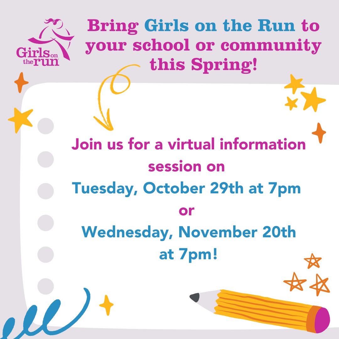 GOTRsewi's tweet photo. Join us for a virtual information session on Tuesday, October 29th at 7pm or Wednesday, November 20th at 7pm to learn more about Girls on the Run and how you can bring the program to your school or community-based location this Spring! 🌷
RSVP here: https://t.co/3fXIHtgxQf https://t.co/GohvmDSGwk