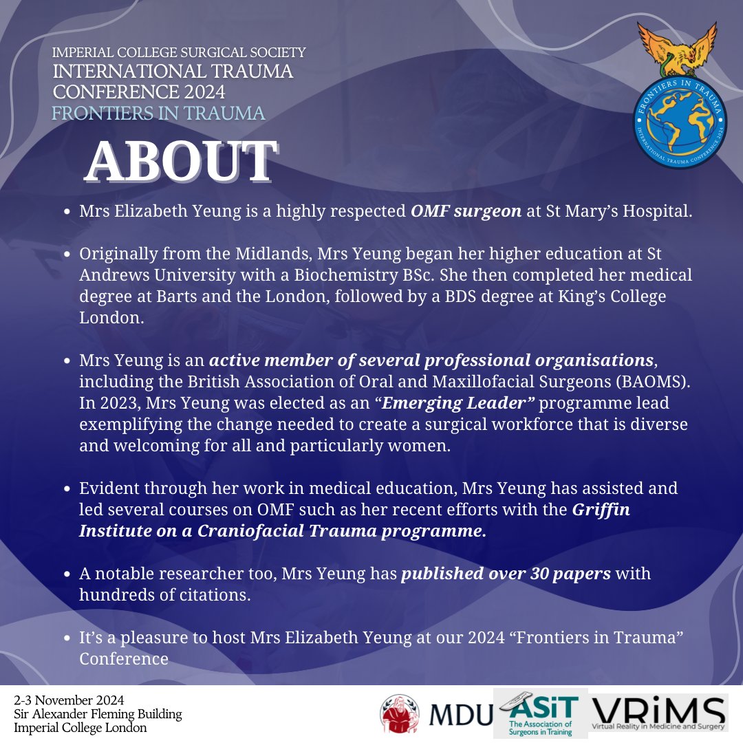 IcsmTrauma's tweet photo. 🚨 We are delighted to introduce Mrs. Elizabeth Yeung as a speaker for #trauma24! 🚨

🎫 Book Your Ticket to Europe’s Biggest Student Led Surgical Conference TODAY - https://t.co/uv3KZR18Ii 🎫 https://t.co/AB0bAcOgEq