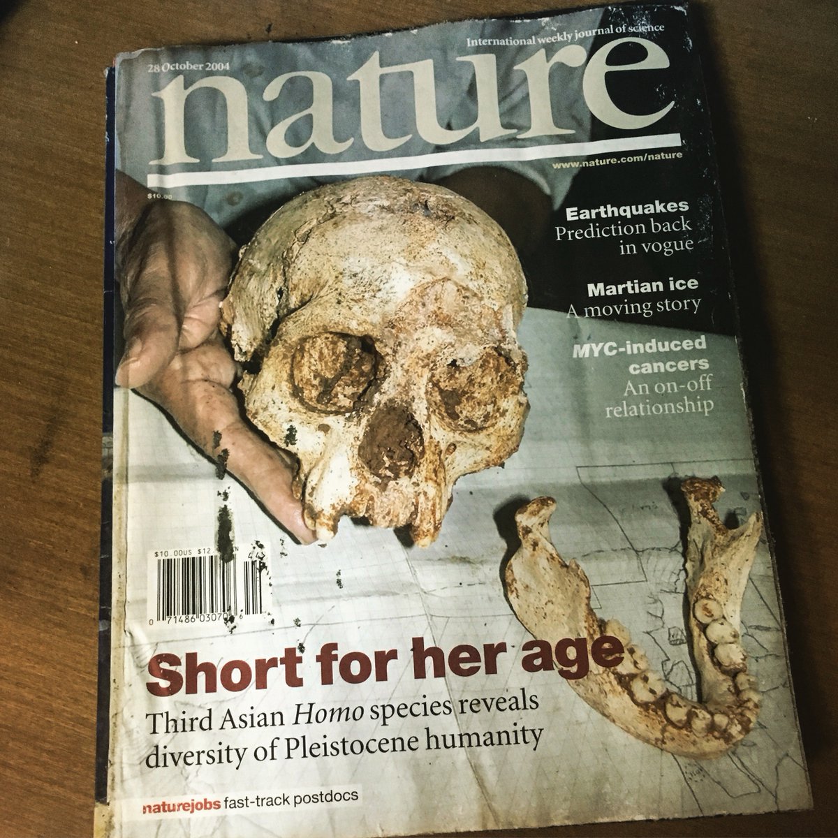 #OnThisDay twenty years ago, the world met Homo floresiensis on the cover of <a href="/Nature/">nature</a>. A hobbit-sized species so shocking, scientists can still tell me where they were when they heard the news. 
📸 A copy of the issue I found tucked away at the Indonesian archaeological center.