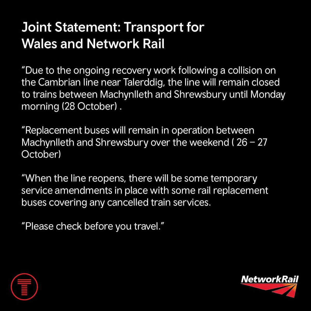 Trafnidiaeth Cymru / Transport for Wales (@transport_wales) on Twitter photo Our most recent joint statement with <a href="/NetworkRailWAL/">Wales & Borders // Cymru a'r Gororau</a> confirms that the Cambrian line is expected to reopen from Monday, following the tragic rail accident earlier this week.
news.tfw.wales/news/cambrian-… Our most recent joint statement with <a href="/NetworkRailWAL/">Wales & Borders // Cymru a'r Gororau</a> confirms that the Cambrian line is expected to reopen from Monday, following the tragic rail accident earlier this week.
news.tfw.wales/news/cambrian-…