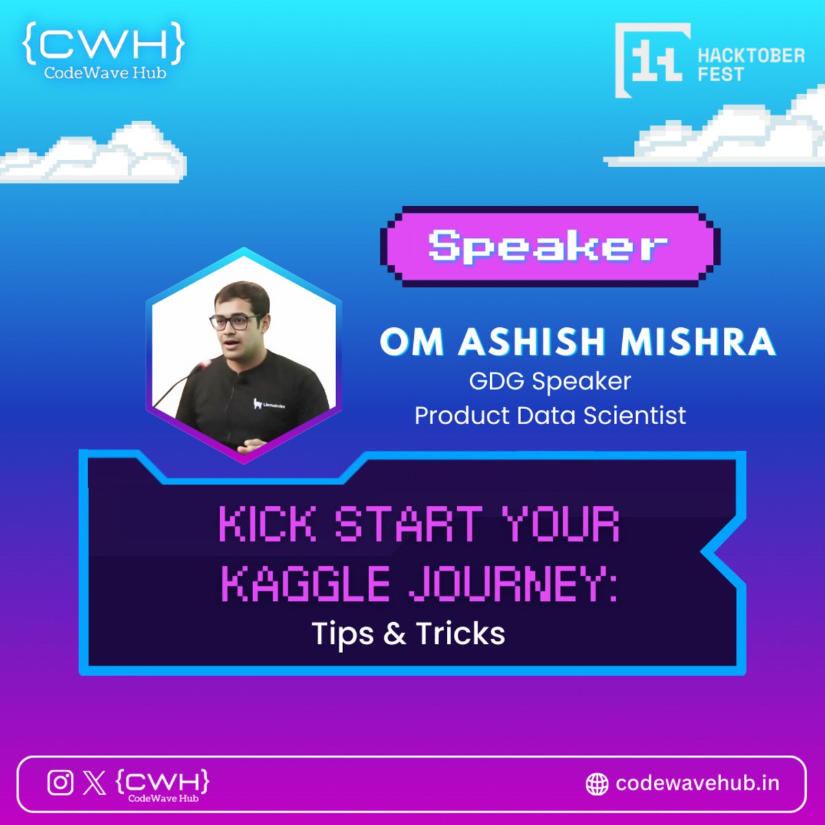 codewavehub's tweet image. Excited to have Om Ashish Mishra onboard as a speaker for CodeWave Hub: #hacktoberfest 2024 Hyderabad! 🍁
•
kick-start your Kaggle journey, this is a session you don&apos;t want to miss ❗
• 
#hacktoberfest #codewavehub #opensource #techevent #hyderabad #TechCommunity #kaggle