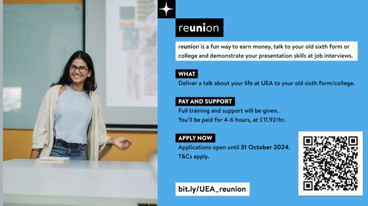 Languages @ UEA (@languages_uea) on Twitter photo ReUnion is a fun and easy way to earn money, talk to your old sixth form or college and demonstrate your presentation skills in job interviews.                      Applications open until 31 Oct but talks are offered on a ‘first come, first served’ basis, so best to apply asap! ReUnion is a fun and easy way to earn money, talk to your old sixth form or college and demonstrate your presentation skills in job interviews.                      Applications open until 31 Oct but talks are offered on a ‘first come, first served’ basis, so best to apply asap!