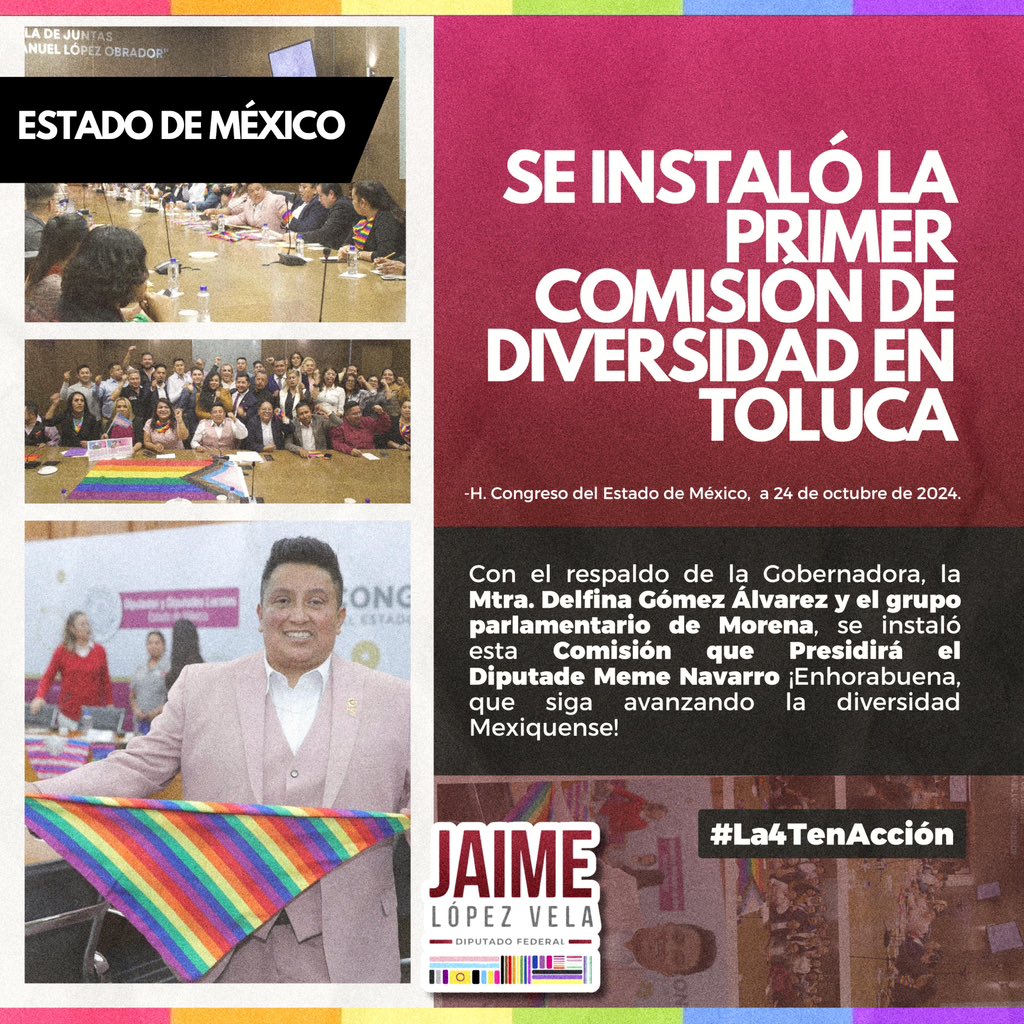 Se instaló la primer Comisión de Diversidad con el respaldo de la Gobernadora <a href="/delfinagomeza/">Delfina Gómez A.</a> y el grupo parlamentario de #morena, este gran avance será dirigido por el diputade <a href="/esmenavarro21/">Meme Navarro</a> 

¡En hora buena! 
#La4TenAccion