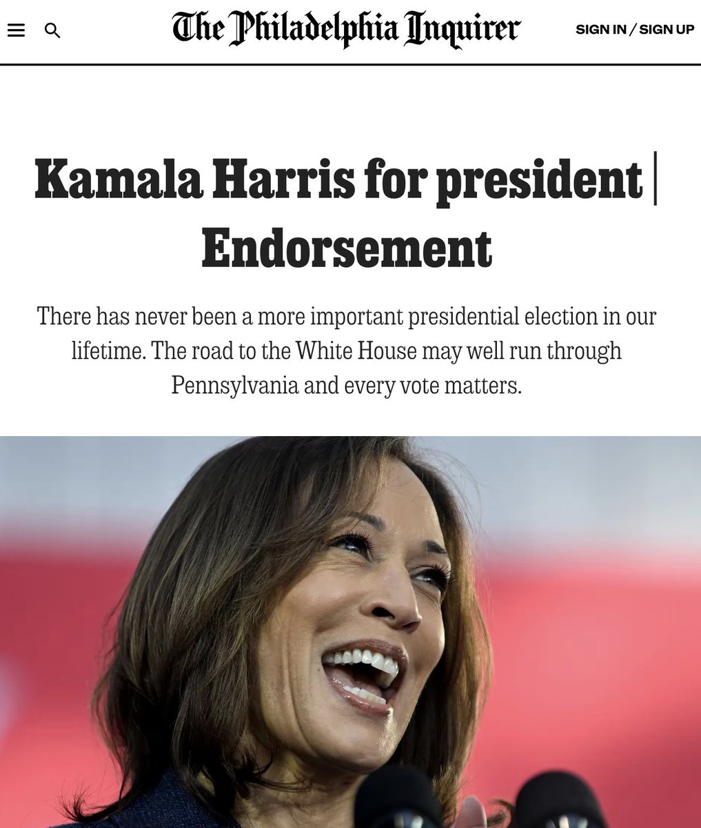 MeidasTouch's tweet image. BREAKING: The Philadelphia Inquirer endorses Kamala Harris for president

"There has never been a more important presidential election in our lifetime. The road to the White House may well run through Pennsylvania and every vote matters."

🔗 inquirer.com/opinion/editor…