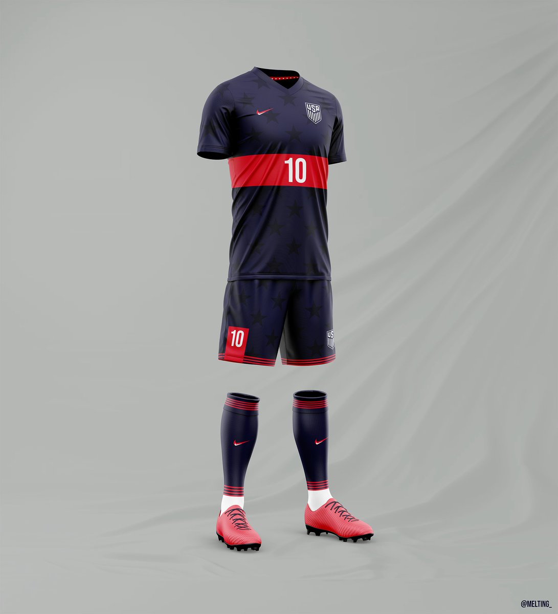 melting_'s tweet photo. Working out the creative juices today. I desperately want the USMNT to get new kits that are cleaner, more creative, and that use the actual blue in the American flag!

These are my recent mockups in that regard. I created a Navy kit, White kit, and an Alt (third) kit.

@USMNT https://t.co/GDbcmFFsMY