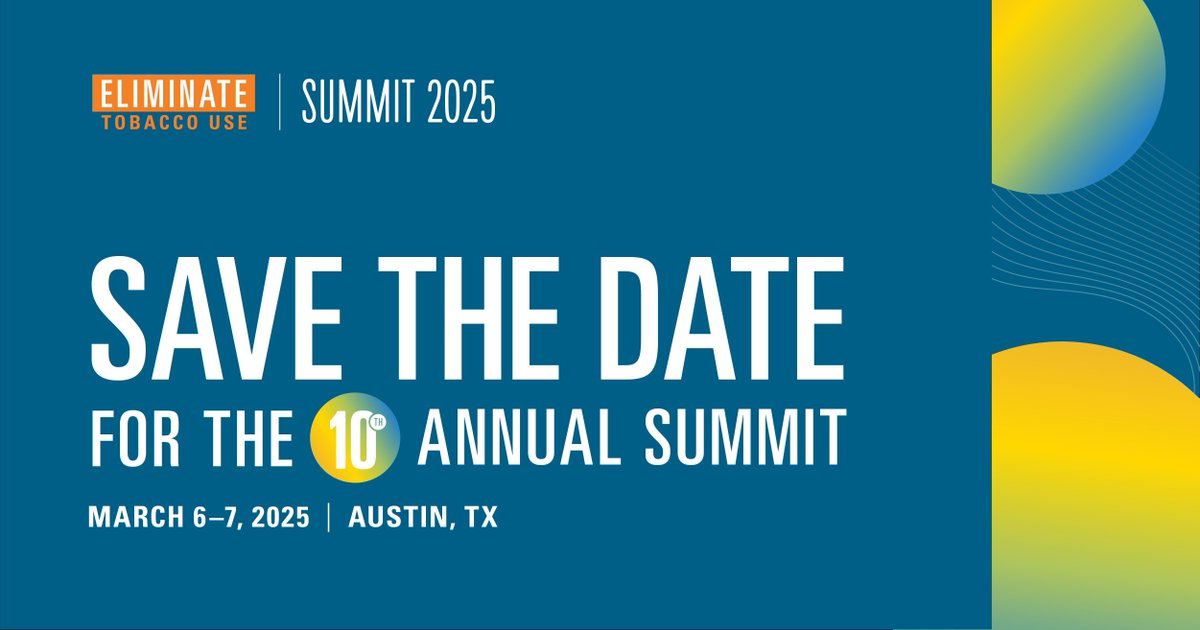 UT Center for Health Communication (@uthealthcomm) on Twitter photo Save the date for the 10th annual #EliminateTobacco Use Summit!
Join <a href="/MDAndersonNews/">MD Anderson Cancer Center</a> and @utsystm on March 6 for the national summit addressing the key areas of policy, prevention/education, and cessation.
More info 👉 eliminatetobaccouse.org
<a href="/truthinitiative/">Truth Initiative</a> <a href="/CDCTobaccoFree/">CDC Tobacco Free</a> Save the date for the 10th annual #EliminateTobacco Use Summit!
Join <a href="/MDAndersonNews/">MD Anderson Cancer Center</a> and @utsystm on March 6 for the national summit addressing the key areas of policy, prevention/education, and cessation.
More info 👉 eliminatetobaccouse.org
<a href="/truthinitiative/">Truth Initiative</a> <a href="/CDCTobaccoFree/">CDC Tobacco Free</a>