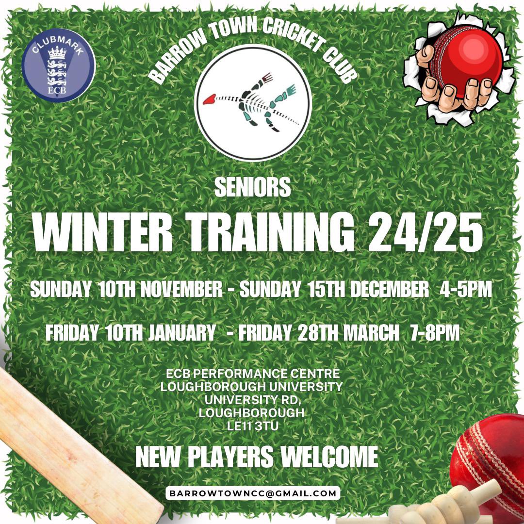 Barrow Town CC are pleased to announce our senior winter training program.

Get intouch for more information via DM or email