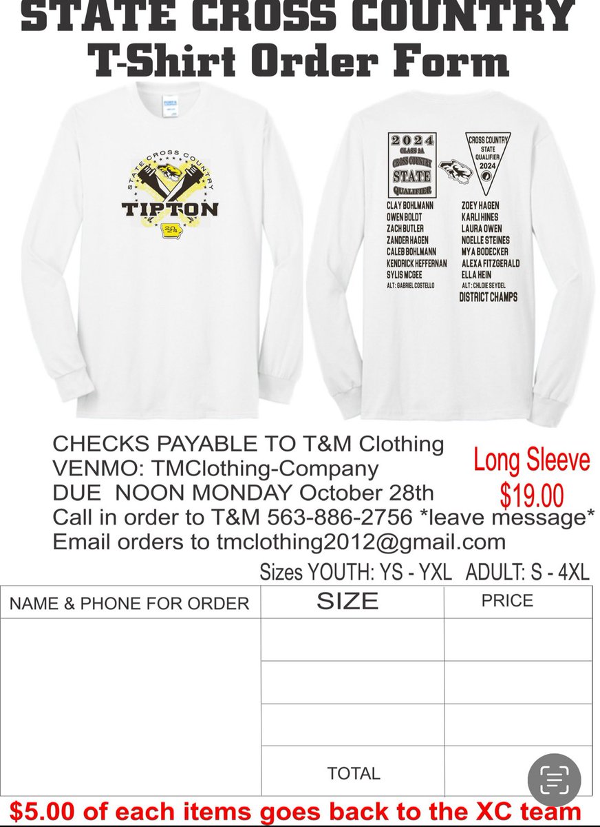 Order your State XC shirts! Orders are due to T&amp;M by MONDAY AT 12 NOON.  Please leave a message if she is not at the shop or better yet, email her!  You can pay upon pickup or by Venmo.  $5.00 goes back to our team.  Thanks for all of your support!