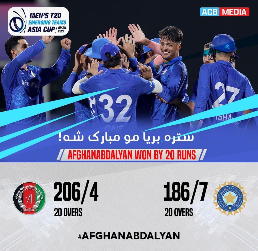 Congratulations Team Afghanistan on winning the semi final against mighty India and best of luck against Sri Lanka in the final match. Bring the trophy home. #AFGAvINDA #AFGAvSRIA #AfghanAbdalyan