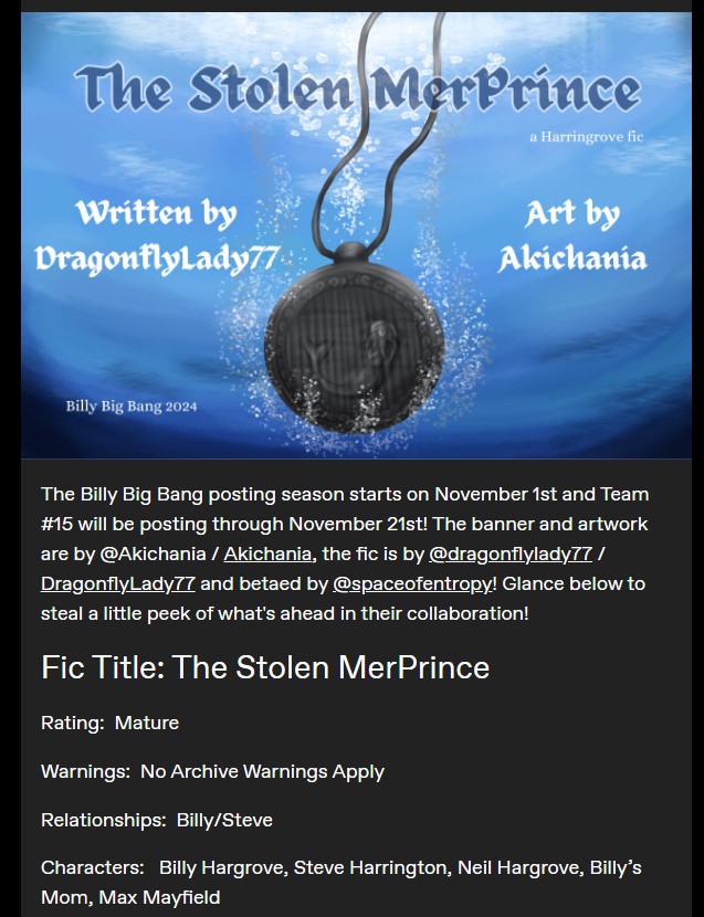 billybb2024's tweet photo. Today wraps up the promo week for the Billy Big Bang and we've got three final teams to shout out!
First is The Stolen MerPrince by @dragonflylady77 and @Akichania, beta read by @zeros83! 
https://t.co/XqLuxc3Y2Z https://t.co/7SYxCshsQq