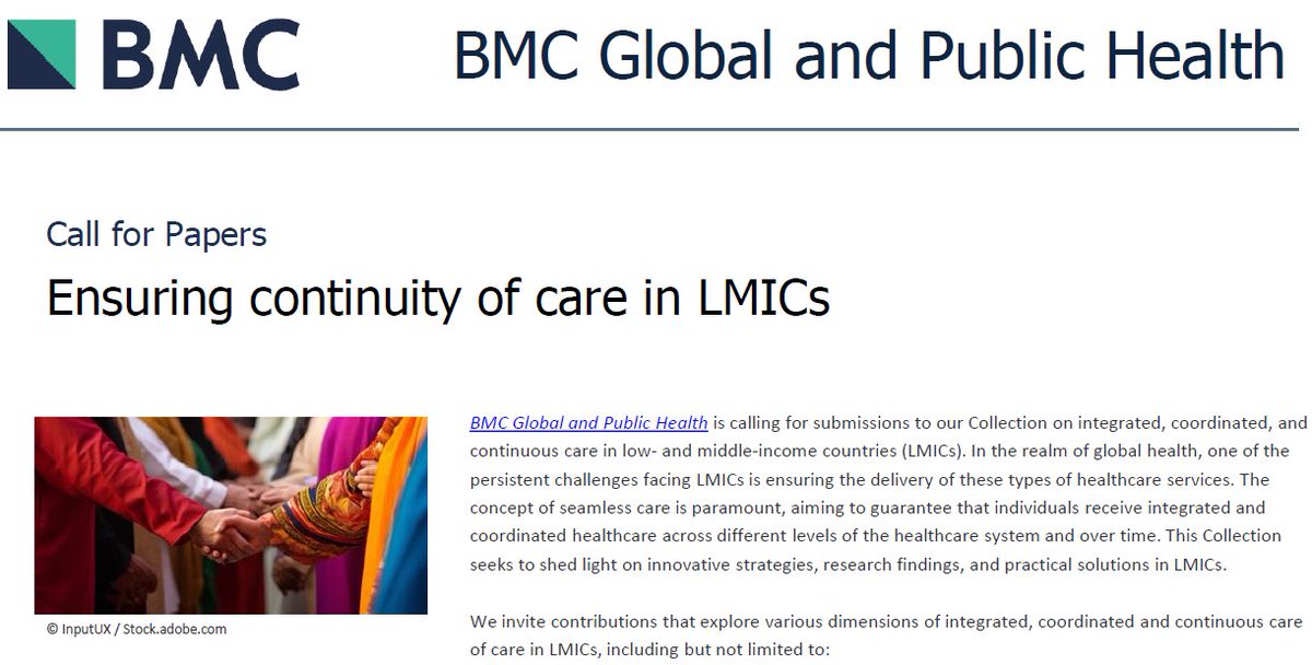 Lia Tadesse (@lia_tadesse) on Twitter photo Call for submissions by <a href="/BMC_GPH/">BMC Global and Public Health</a> on ensuring continuity of care in low- and middle-income countries (LMICs); which is key for individuals to receive seamless and coordinated healthcare across different levels of the healthcare system and over time.
…cglobalpublichealth.biomedcentral.com Call for submissions by <a href="/BMC_GPH/">BMC Global and Public Health</a> on ensuring continuity of care in low- and middle-income countries (LMICs); which is key for individuals to receive seamless and coordinated healthcare across different levels of the healthcare system and over time.
…cglobalpublichealth.biomedcentral.com