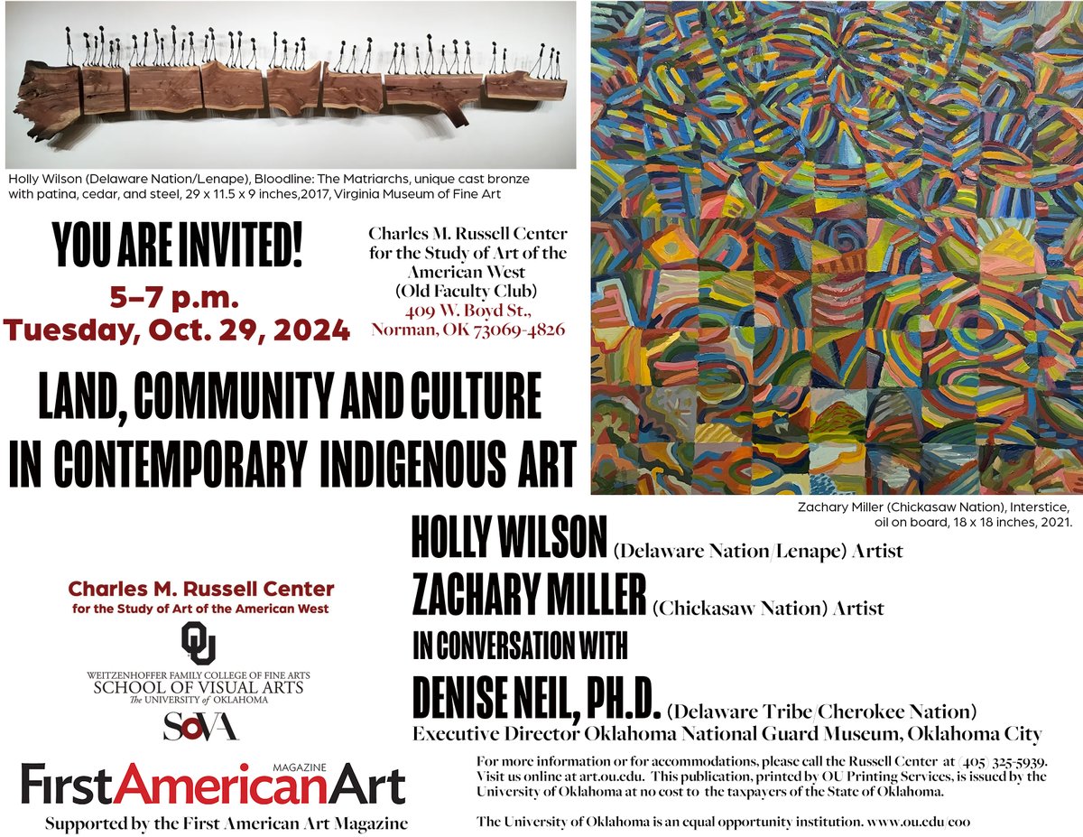 You Are Invited!  5 pm,  Tues., Oct. 29, 2024 at the Charles M. Russell Center (409 W. Boyd St.,  Norman, OK 73069).  Event w/ complimentary dinner (RSVP as seating is limited). Questions &amp; availability: 405-325-5939 or russsellcenter@ou.edu (Russell Center).