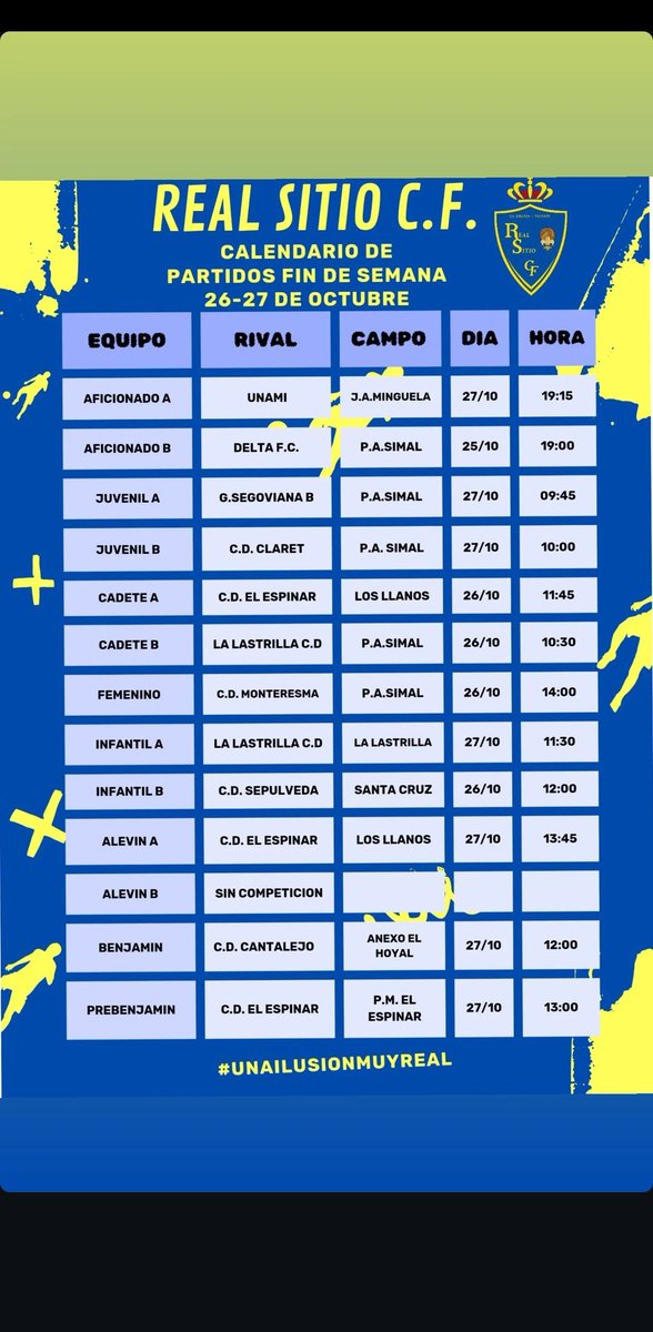 Os dejamos los horarios de todas nuestras categorías para este fin de semana. 💙 💛
#RealSitioCF
#UnailusionmuyReal