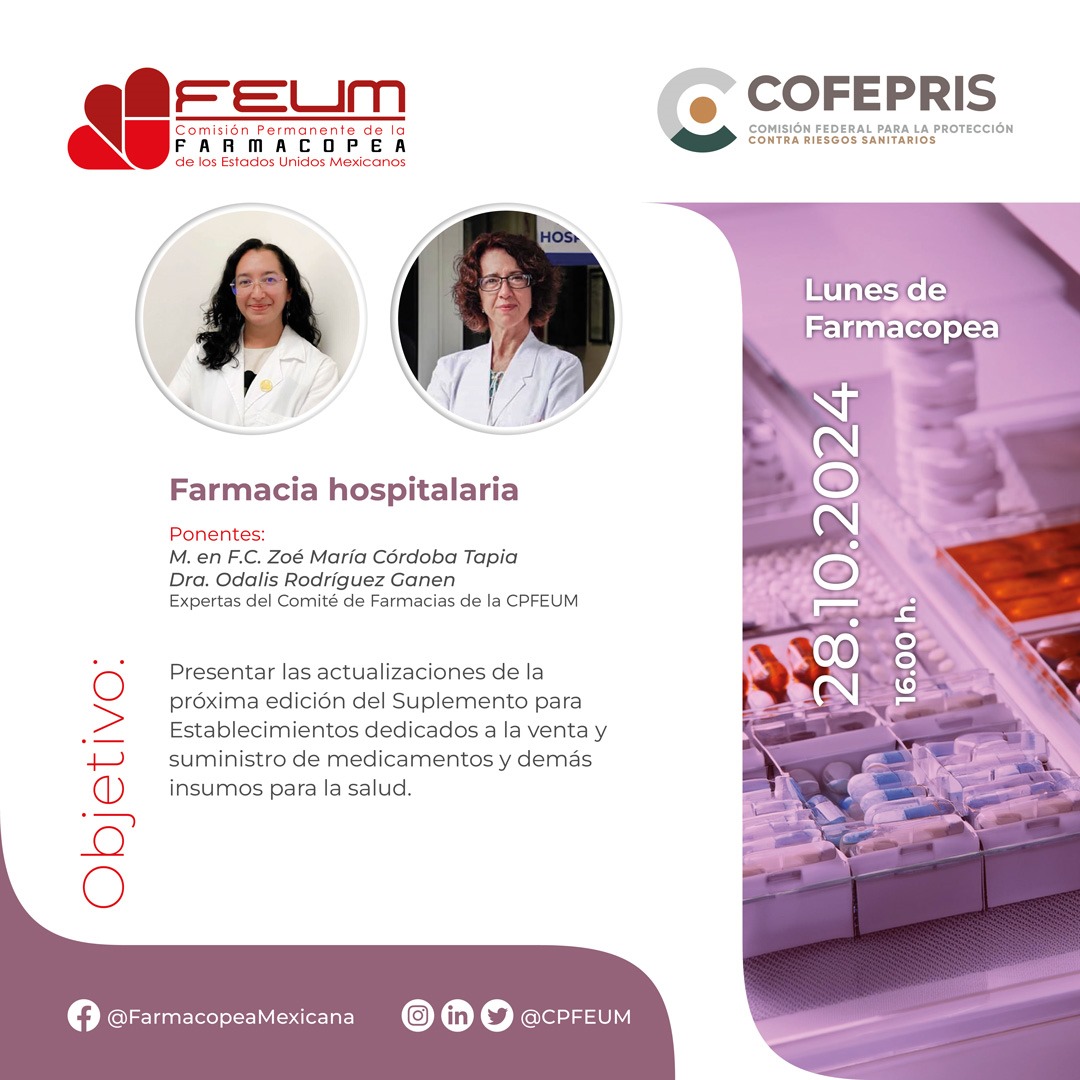 📅 Lunes de Farmacopea - 28/10/2024 a las 16:00 h 
¡Únete a nosotros para conocer las novedades en Farmacia Hospitalaria! Contaremos con M. en F.C. Zoé María Córdoba Tapia y Dra. Odalis Rodríguez Ganen del Comité de Farmacias de la CPFEUM.
🔗videoconferencia.telmex.com/j/1244242152