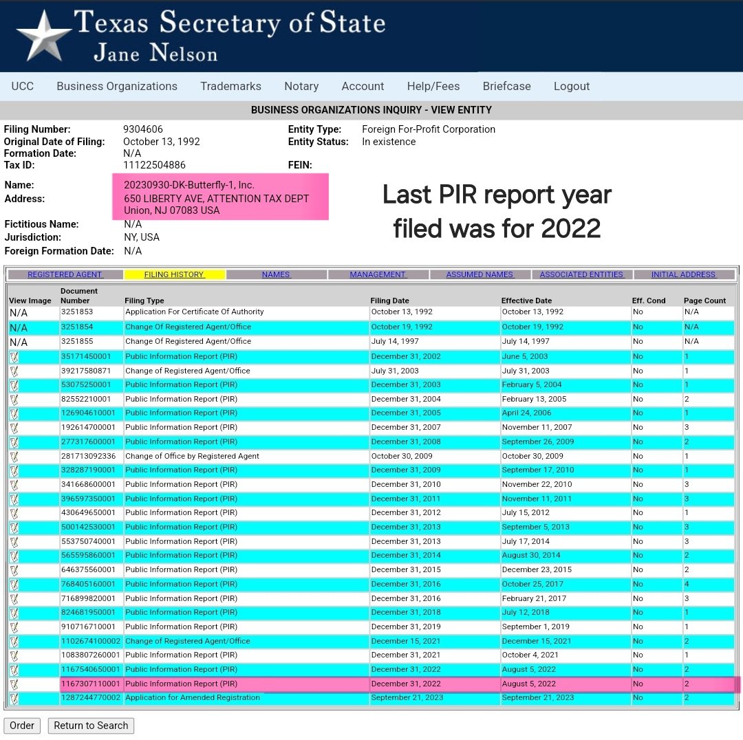 BobbyCat42's tweet photo. Buy Buy Baby Public Information Report (PIR) for the tax year 2024 is available on the Texas Sos website. 

It has an effective date of 10/17/24 and it still shows Bed Bath and Beyond Inc as 100% owner 🤔

Sue Grove 🤣 is listed as President
 
Patty Wu and Wade Haddad as Vice President 

David Kastin as Secretary and Susie Kim as Treasurer

Michael Goldberg signed the form as Plan Admin with no date

20230930-DK-Butterfly-1 hasn't filed a PIR since tax year 2022 🤨

$BBBY $BBBYQ