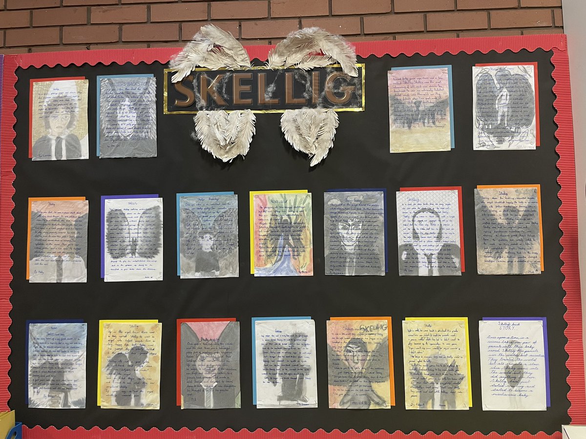 lbiddulph6's tweet image. My class really enjoyed Skellig this year. They have written creative backstories to explain how he has wings and ended up in the garage on top of some simple charcoal/watercolour artwork. Really pleased with the outcome.