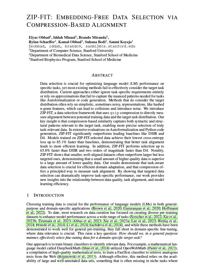 ObbadElyas's tweet image. 🚨 What’s the best way to select data for fine-tuning LLMs effectively?
📢Introducing ZIP-FIT—a compression-based data selection framework that outperforms leading baselines, achieving up to 85% faster convergence in cross-entropy loss, and selects data up to 65% faster.
🧵1/8
