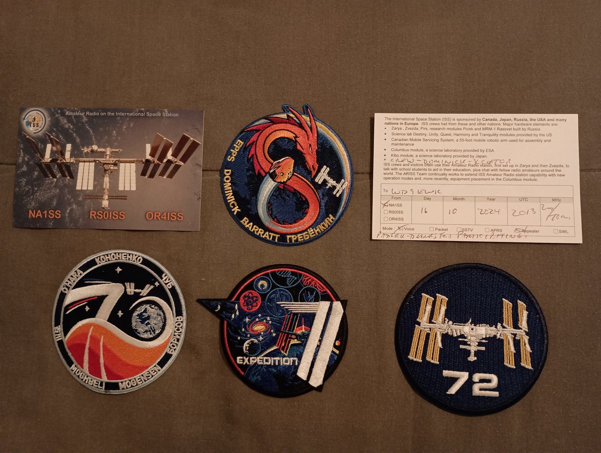 Patrick (@wd9ewk) on Twitter photo NA1SS (<a href="/ARISS_Intl/">ARISS - Amateur Radio on the ISS</a> ) QSL card for last week's QSO w/<a href="/dominickmatthew/">Matthew Dominick</a> arrived in the mailbox, along w/patches for Crew-8 mission & 3 ISS expeditions he was part of. Nice!
ARISS QSL info: ariss.org/qsl-cards.html
Crew-8 & ISS expedition patches from: thespacestore.com NA1SS (<a href="/ARISS_Intl/">ARISS - Amateur Radio on the ISS</a> ) QSL card for last week's QSO w/<a href="/dominickmatthew/">Matthew Dominick</a> arrived in the mailbox, along w/patches for Crew-8 mission & 3 ISS expeditions he was part of. Nice!
ARISS QSL info: ariss.org/qsl-cards.html
Crew-8 & ISS expedition patches from: thespacestore.com