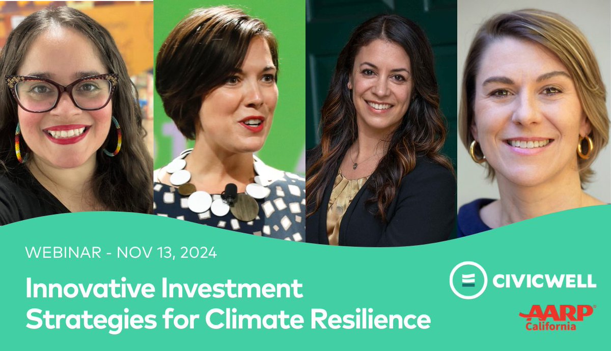 CivicWell (@civicwellorg) on Twitter photo Join us on Nov. 13 for a webinar "Innovative Investment Strategies for #ClimateResilience," exploring how cohesive funding strategies from state, federal, & philanthropic sources can amplify the work of local communities & CBOs. Sponsor: <a href="/AARPCA/">AARP California</a>
civicwell.org/civic-events/i…
<a href="/sd_fdn/">San Diego Foundation</a> Join us on Nov. 13 for a webinar "Innovative Investment Strategies for #ClimateResilience," exploring how cohesive funding strategies from state, federal, & philanthropic sources can amplify the work of local communities & CBOs. Sponsor: <a href="/AARPCA/">AARP California</a>
civicwell.org/civic-events/i…
<a href="/sd_fdn/">San Diego Foundation</a>