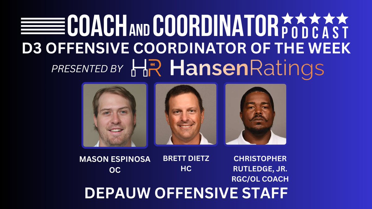 CoachKGrabowski's tweet photo. Coach and Coordinator D3 Offensive Coordinator of the Week presented by @LogHanRatings

Our OC of the Week is @DePauwTigersFB OC @MasonEspinosa1 

He joins us to discuss Quarterback Workload    

Listen:
🍎https://t.co/iMLgDcIcbz
🟢https://t.co/PmBTCjGUkh