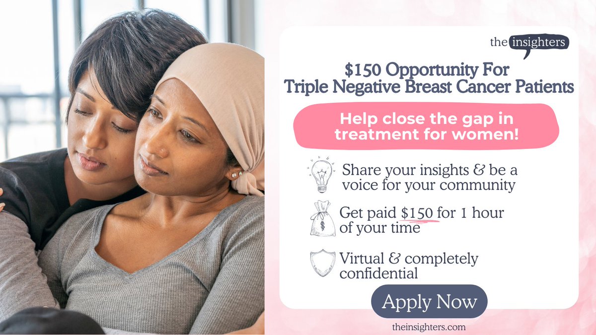 Sabrina Skiles (@sabrinadskiles) on Twitter photo Your voice matters in closing the gaps in TNBC care! If you're living with triple negative breast cancer, <a href="/TheInsighters_/">The Insighters®</a> wants to hear from you. $150 Research Opportunity For TNBC Patients theinsighters.com/opportunities/… Your voice matters in closing the gaps in TNBC care! If you're living with triple negative breast cancer, <a href="/TheInsighters_/">The Insighters®</a> wants to hear from you. $150 Research Opportunity For TNBC Patients theinsighters.com/opportunities/…
