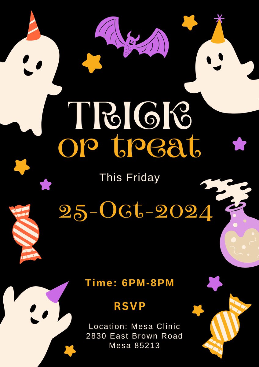 Just a Friendly Reminder! 🎃

Get ready for a night of family-friendly fun! 
Truck or Treat Event
Date: October 25, 2024
Time: 6:00 PM – 8:00 PM
Location: Mesa Clinic
2830 East Brown Road, Mesa, AZ 85213

#TrunkorTreat