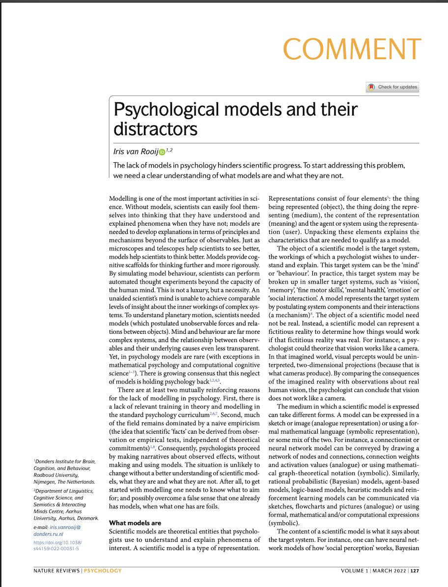 IrisVanRooij's tweet image. So many people confuse LLMs (or genAI, in general) for models of human cognition, language, learning, etc., so I thought it may be useful to share once more my brief comment, titled "Psychological models and their distractors". (open access link: rdcu.be/cGQpY) 🧵