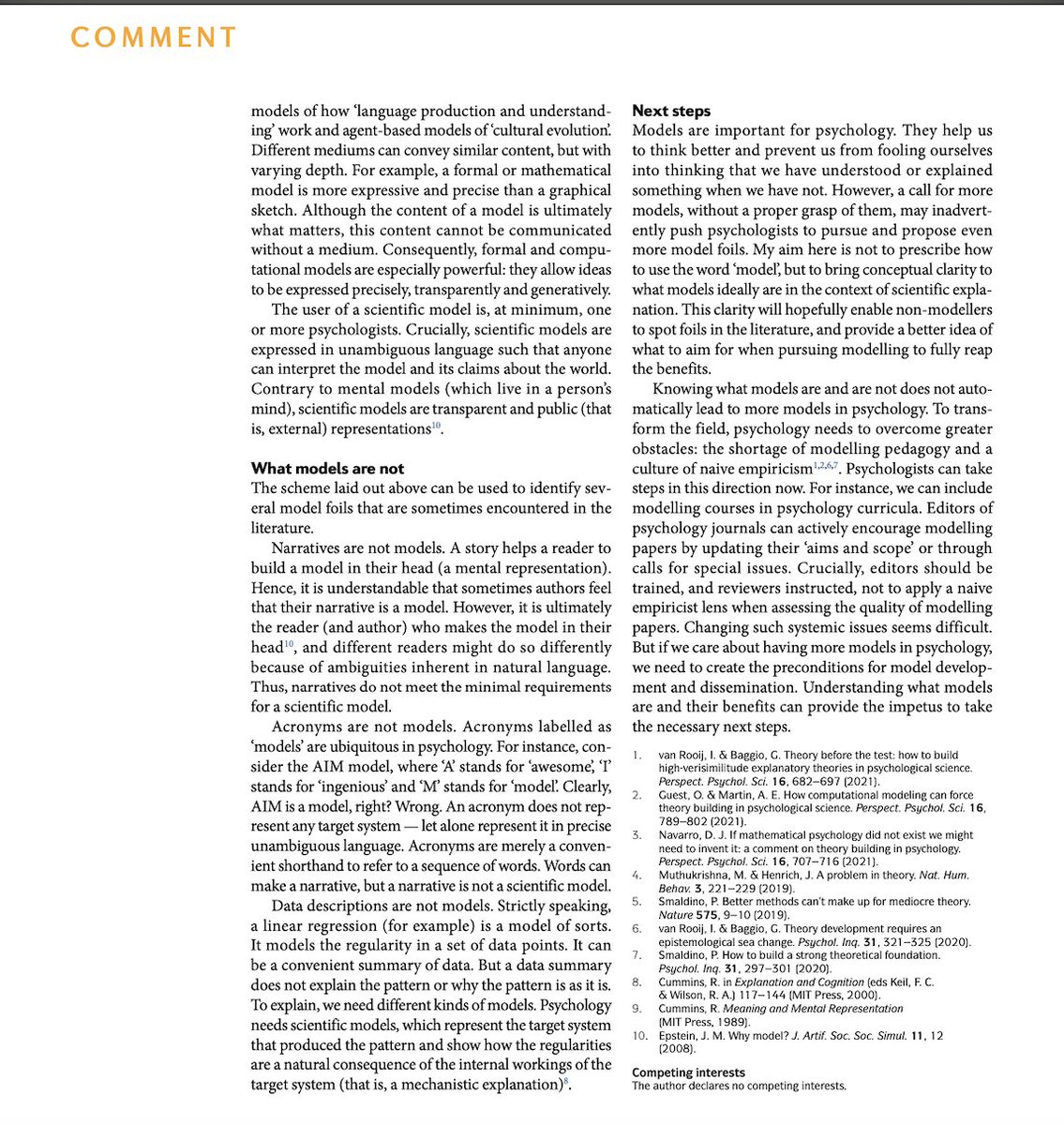 IrisVanRooij's tweet image. So many people confuse LLMs (or genAI, in general) for models of human cognition, language, learning, etc., so I thought it may be useful to share once more my brief comment, titled "Psychological models and their distractors". (open access link: rdcu.be/cGQpY) 🧵