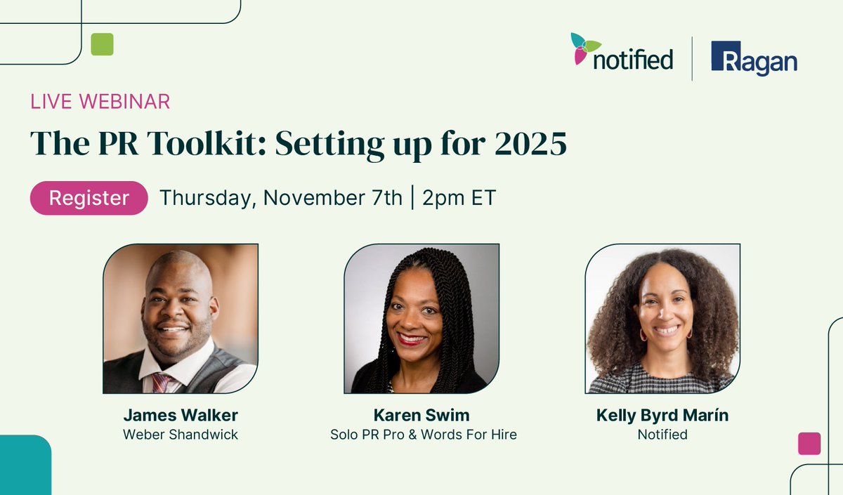 Notified's tweet image. On Thursday, Nov. 7, don&apos;t miss our #CommsWeek prep webinar!💥

Discover essential items for your 2025 #PR toolkit with strategies to streamline operations and deliver measurable results.

Save your spot: ow.ly/xPhH50TTw2u

@RaganComms #PublicRelations #PRSuccess