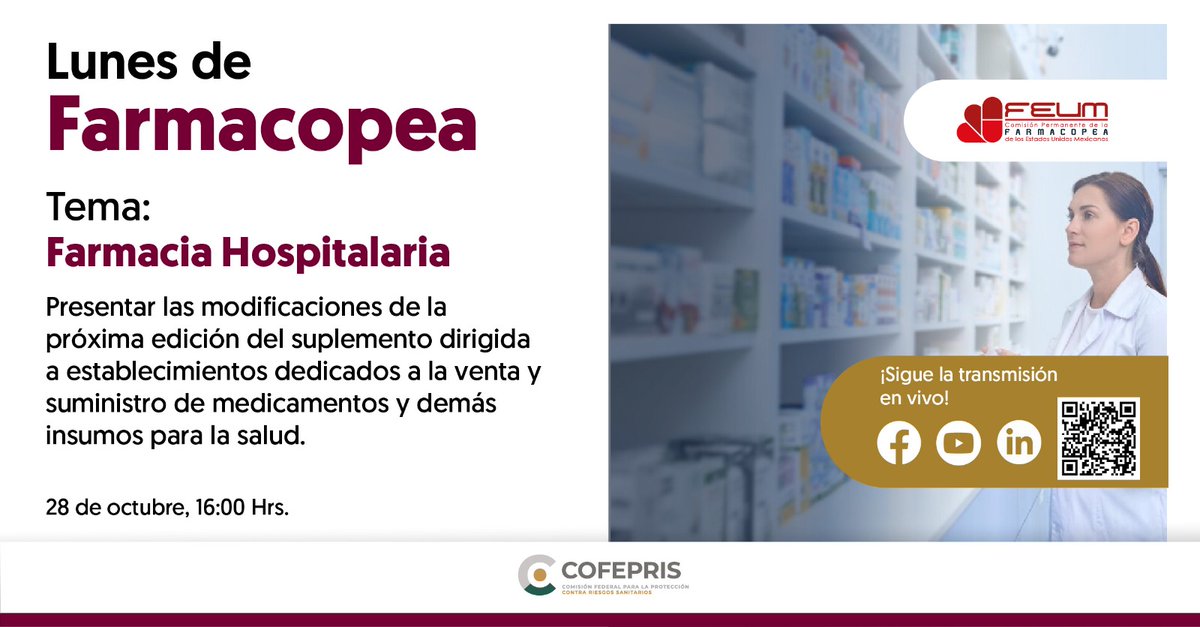 ⏰ ¡En 1 hora comenzamos!

Únete a nuestra sesión sobre Farmacia Hospitalaria a las 16:00 h con M. en F.C. Zoé María Córdoba Tapia y Dra. Odalis Rodríguez Ganen del CPFEUM.

🔗 videoconferencia.telmex.com/j/1244242152

#FarmaciaHospitalaria #LunesDeFarmacopea #Salud #CPFEUM