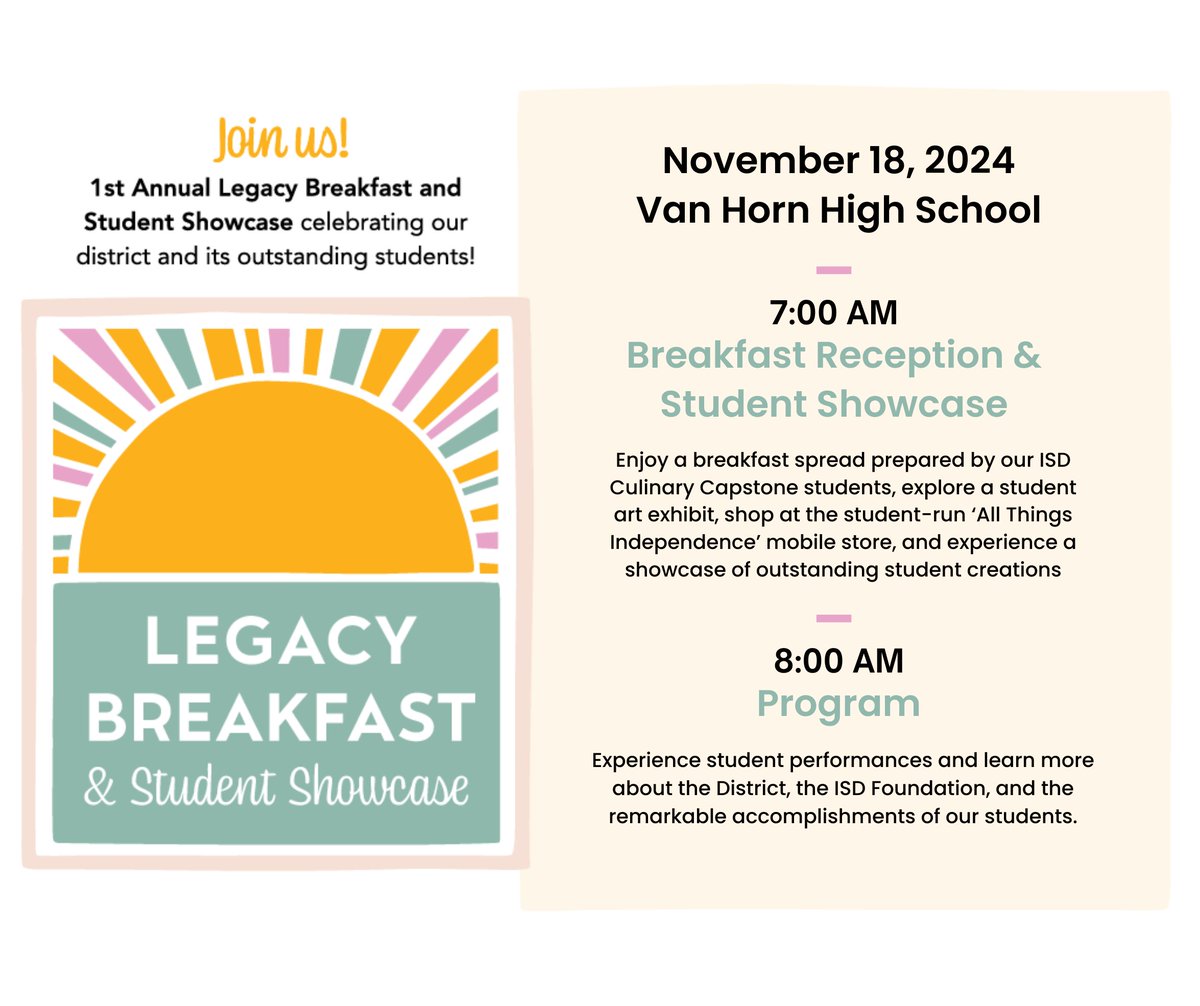 Celebrate our students &amp; community on November 18! Enjoy a morning of inspiration, a delicious breakfast, &amp; showcase of incredible student work.
𝗜𝗻𝘁𝗲𝗿𝗲𝘀𝘁𝗲𝗱 𝗶𝗻 𝗦𝗽𝗼𝗻𝘀𝗼𝗿𝗶𝗻𝗴? Contact us at brianna_bolger@isdschools.org or visit ourisdf.org/events/legacy-…