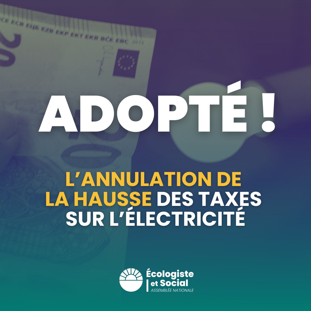 🟢 L'Assemblée nationale adopte l'annulation de la hausse des taxes sur l'électricité. 

Alors qu'un·e Français·e sur deux a du mal à régler ses factures d'électricité, augmenter les taxes de l'électricité était une proposition aberrante.

#DirectAN  #PLF25