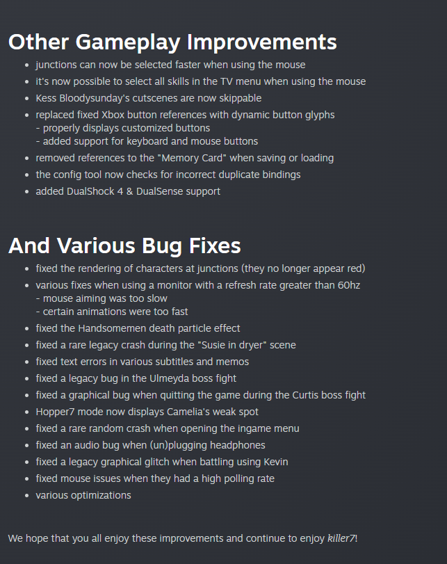 killer7 receives major Steam update store.steampowered.com/news/app/86852…

-Remastered videos
-Graphic improvements
-Quick character select
-Gameplay improvements
-Bug fixes

Game is currently on sale for $4.99 store.steampowered.com/app/868520/kil…