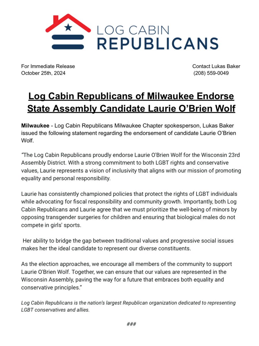 ObrienWolf23's tweet photo. Thank you @LogCabinMKE for your endorsement. I am humbled and honored. I will always fight for equality and the protection of children. #Inclusion #LGBT #Women https://t.co/sEEZc3CQzQ