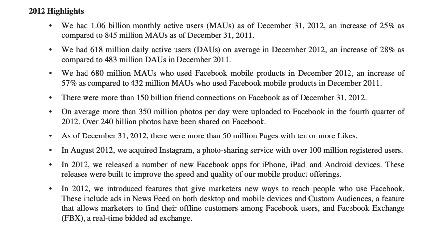 WorldStockss's tweet photo. Métricas de $META (o antigua $FB) en 2012.

- 1.06 billion de MAUs (usuarios activos mensuales).
- 618 million de DAUs (usuarios activos diarios).

Hoy $META tiene 3.27 billion de DAP (usuarios activos diarios en sus aplicaciones).

Se infravalora lo que se puede conseguir a 10 años.

Nosotros formaremos parte de la próxima década de composición de valor.