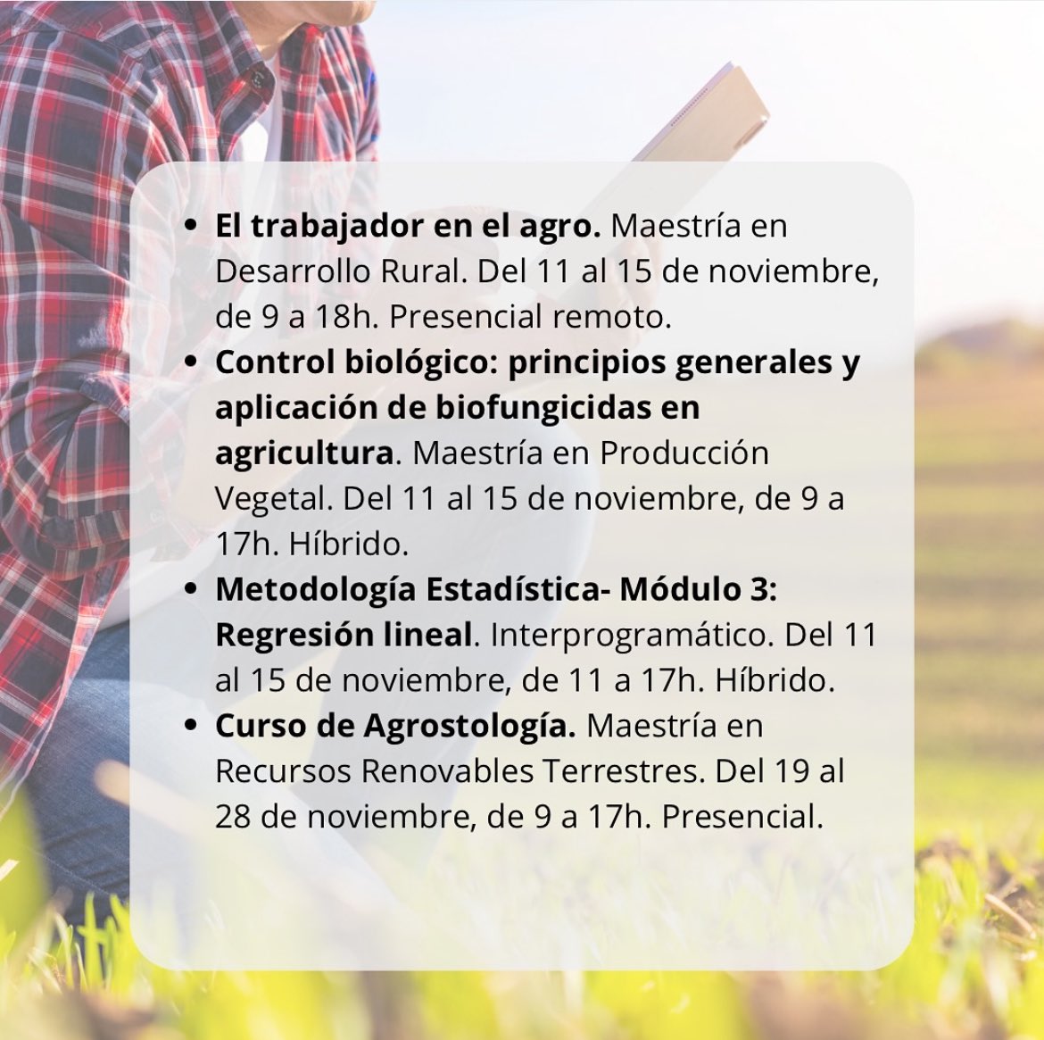 Conocé los próximos cursos 📚 que se dictarán en la Escuela para Graduados.
Para más info:

Escribinos a epg@agro.uba.ar 📩
Visitá nuestro sitio web
 ➡️ epg.agro.uba.ar/home/index/ ⬅️

#cursosposgrado #faubaposgrados #maestriasfauba #fauba #escuelaparagraduadosfauba #epgfauba