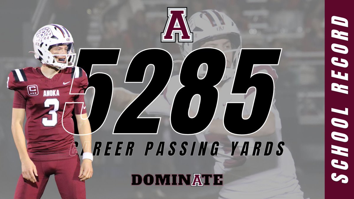 With the end of the regular season and the beginning of playoffs, we want to recognize one milestone that has been reached so far.  @Peyton_Podany became Anoka High School's all-time leading passer with 5285 yards to date.  Awesome individual and team accomplishment. #EAT