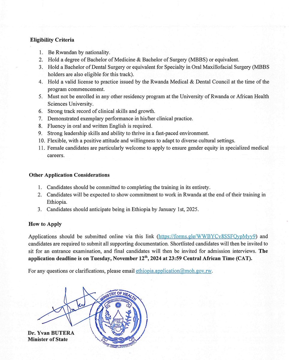 Ministry of Health | Rwanda (@rwandahealth) on Twitter photo 📢 Call for Applications
The Ministry of Health, in partnership with Addis Ababa Univerisity and St. Paul’s Millennium Medical College, is recruiting Rwandan medical trainees for postgraduate programs in Ethiopia. This is part of Rwanda’s 4x4 reform to expand specialized medical 📢 Call for Applications
The Ministry of Health, in partnership with Addis Ababa Univerisity and St. Paul’s Millennium Medical College, is recruiting Rwandan medical trainees for postgraduate programs in Ethiopia. This is part of Rwanda’s 4x4 reform to expand specialized medical