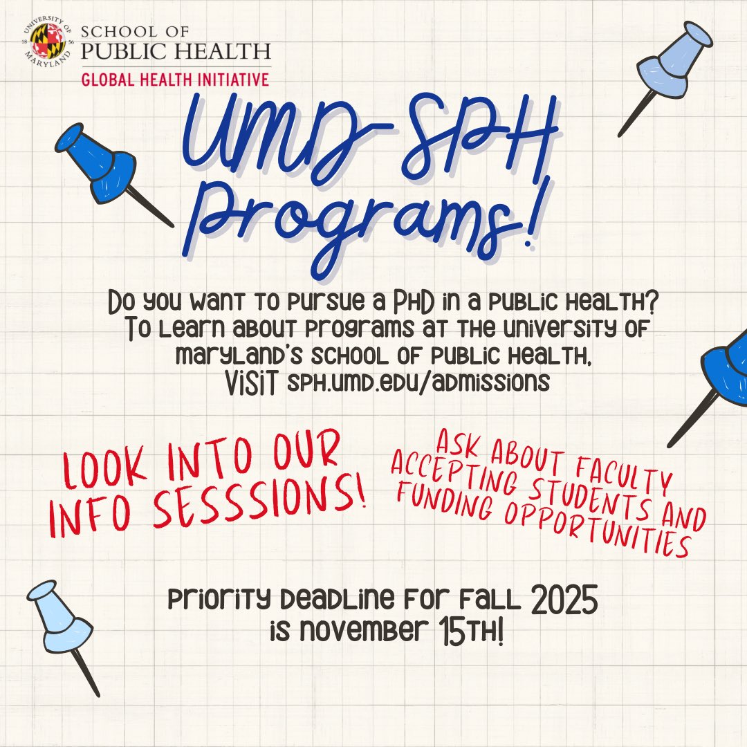 UMDGHI's tweet photo. Have you considered a PhD in Public Health? Check out the programs offered by UMD School of Public Health! The priority deadlines for Fall 2025 are approaching soon, November 15th! For more information, visit: https://t.co/PIUF3VrppV https://t.co/6qEDtlhtTW
