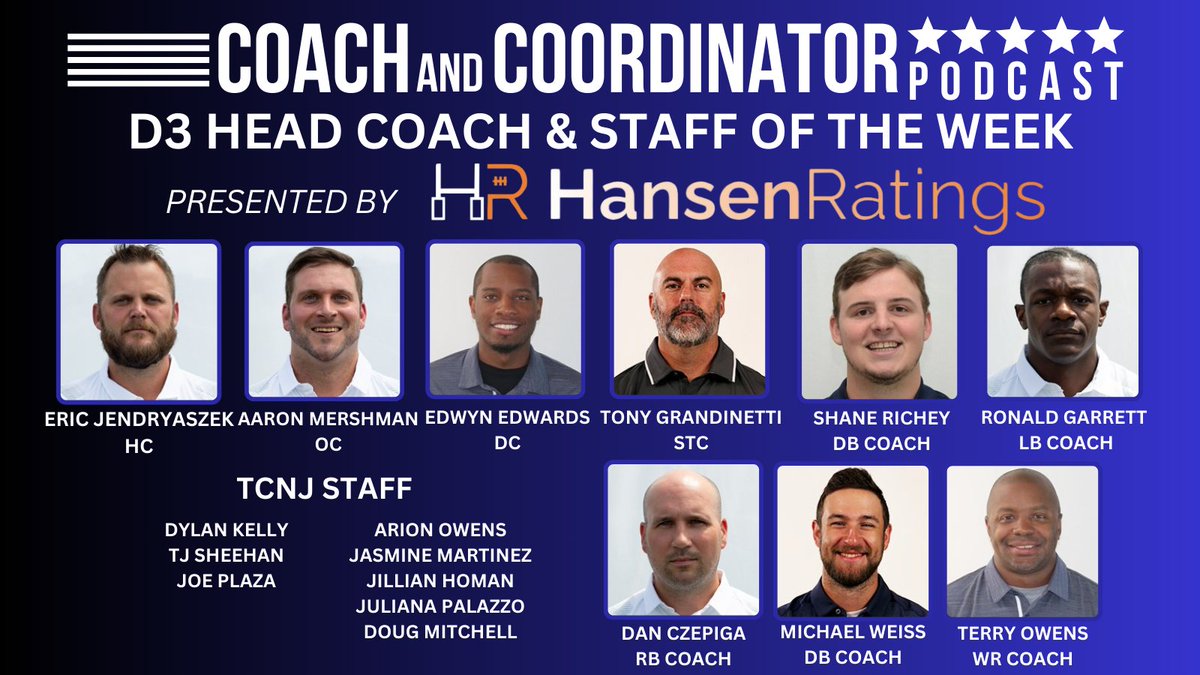 Keith Grabowski π Coach and Coordinator Network (@coachkgrabowski) on Twitter photo Coach and Coordinator D3 Head Coach and Staff of the Week presented by <a href="/LogHanRatings/">Logan Hansen</a>
Our HC of the Week is <a href="/tcnjlions/">TCNJ Athletics</a> Head Coach Eric Jendryaszek <a href="/CJendryaszek/">Coach Jendryaszek</a>
He joins us to discuss efficient practices and game day operations.
Listen: Coach and Coordinator D3 Head Coach and Staff of the Week presented by <a href="/LogHanRatings/">Logan Hansen</a>
Our HC of the Week is <a href="/tcnjlions/">TCNJ Athletics</a> Head Coach Eric Jendryaszek <a href="/CJendryaszek/">Coach Jendryaszek</a>
He joins us to discuss efficient practices and game day operations.
Listen: